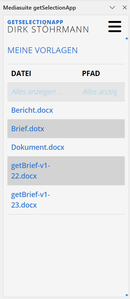 «getSelectionApp» - Meine Vorlagen